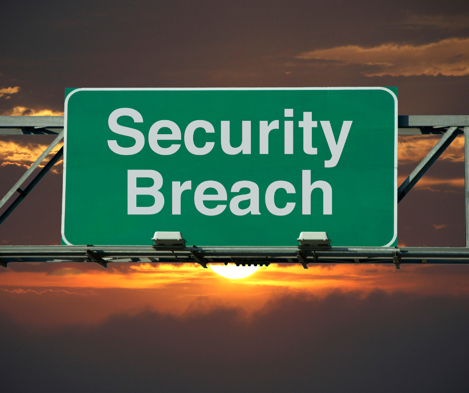 Green overhead highway sign that reads, 'Security breach'.