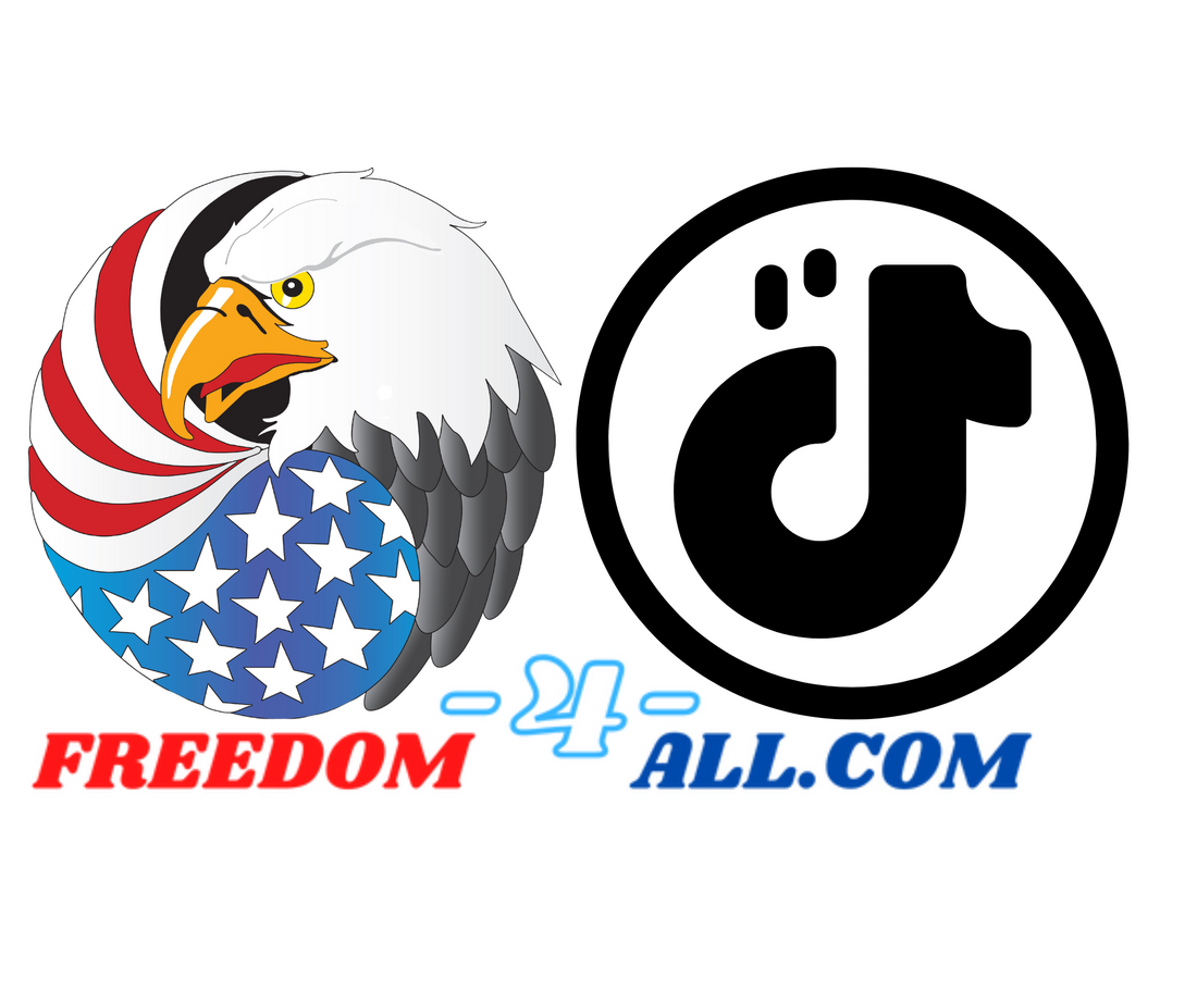 Round Freedom-4-All logo next to black and white Tik Tok logo. Red, white, and blue freedom-4-all logo underneith.